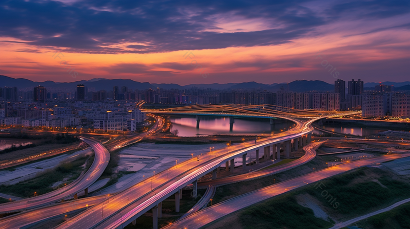 晚霞繁华城市下的高架桥地标建筑图,高清,摄影图,摄影图片,图片大全,摄影图免费下载